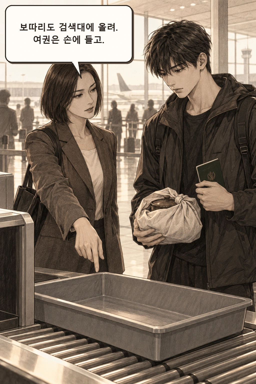 은수가 보안 검색 절차를 알려 준다.
