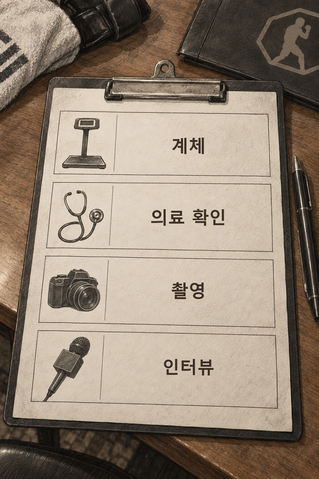 계체와 의료 확인, 촬영과 인터뷰 일정 안내.