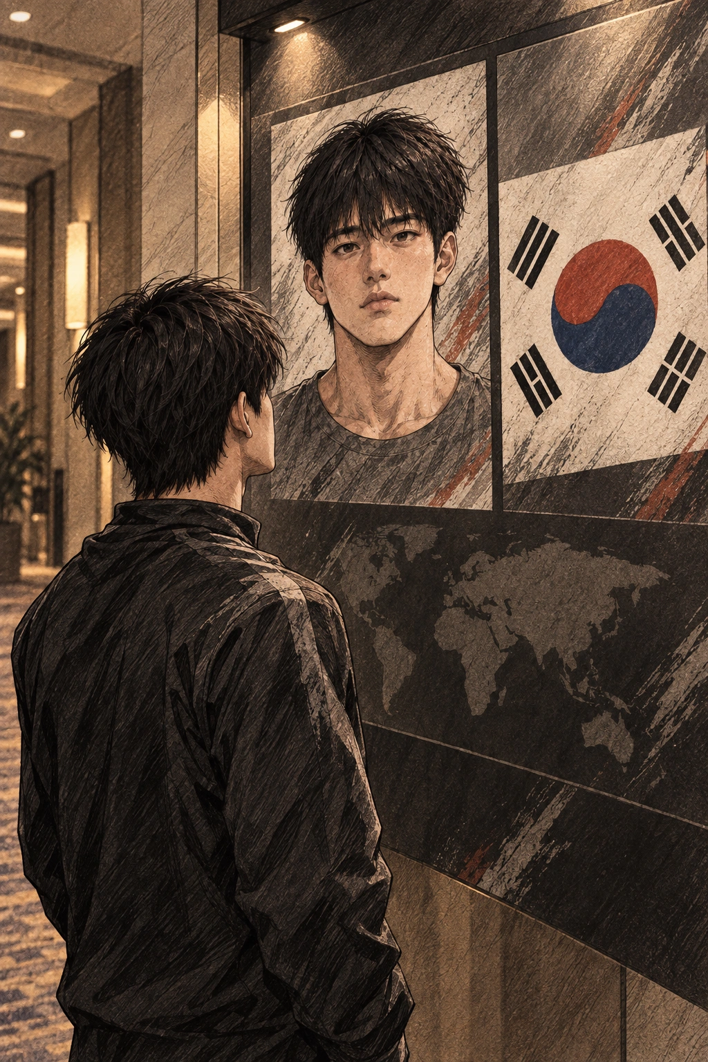 도윤이 태극기 옆 자기 사진을 오래 본다.