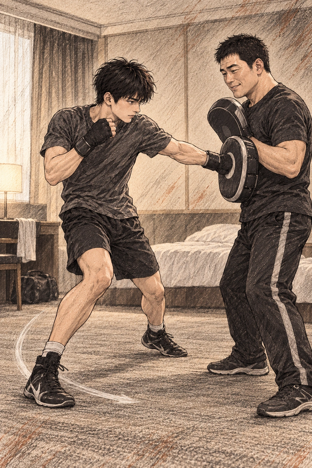 도윤이 몸통 공격 뒤 옆으로 나가는 동작을 반복한다.