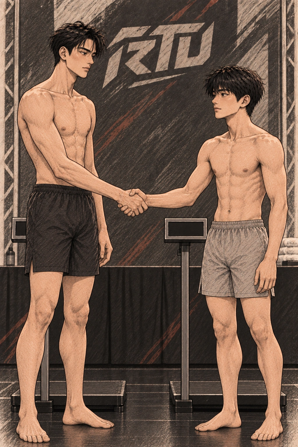 도윤이 악수를 청하고 류젠이 받아 준다.