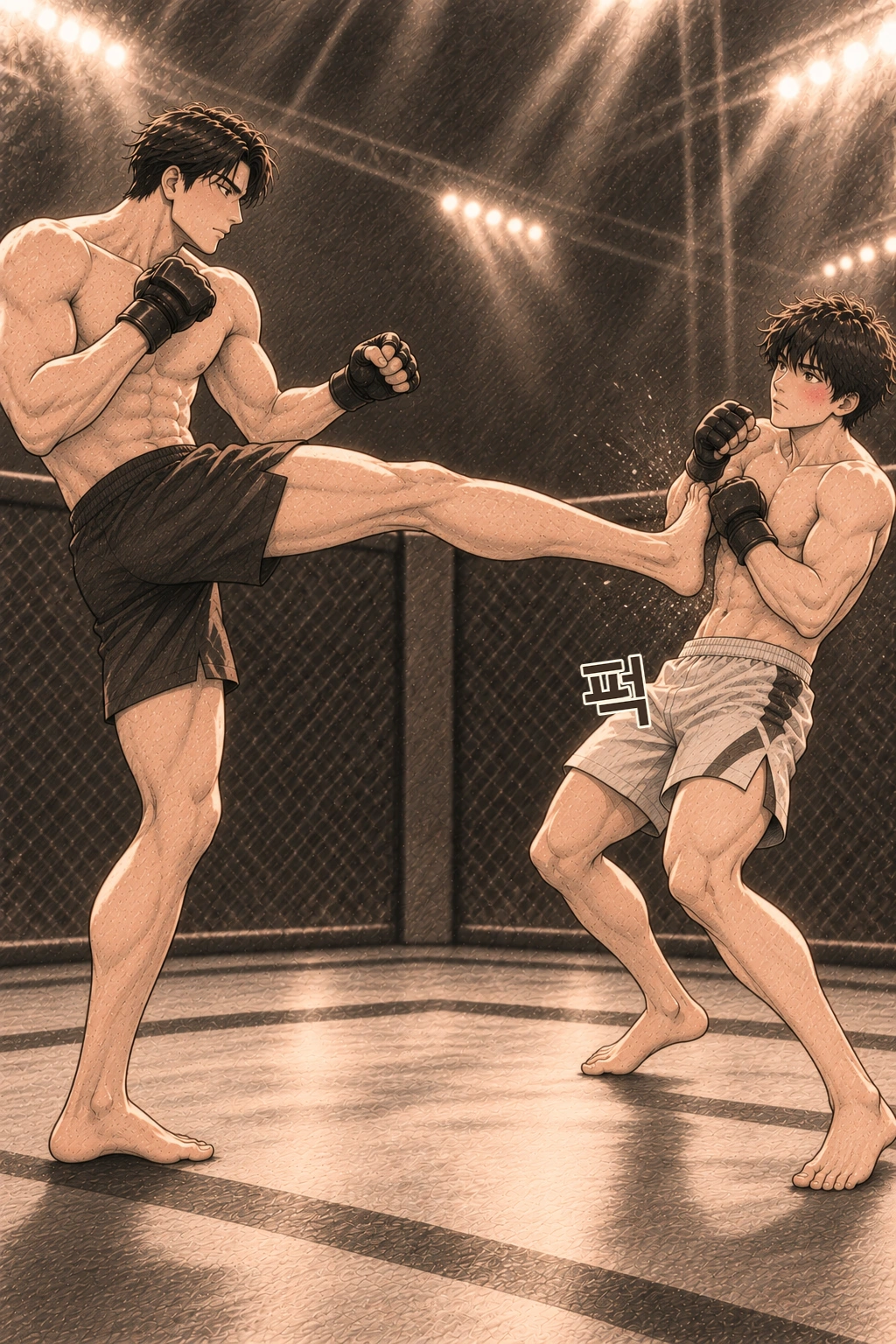 류젠이 긴 앞발 킥으로 접근을 막는다. 퍽.