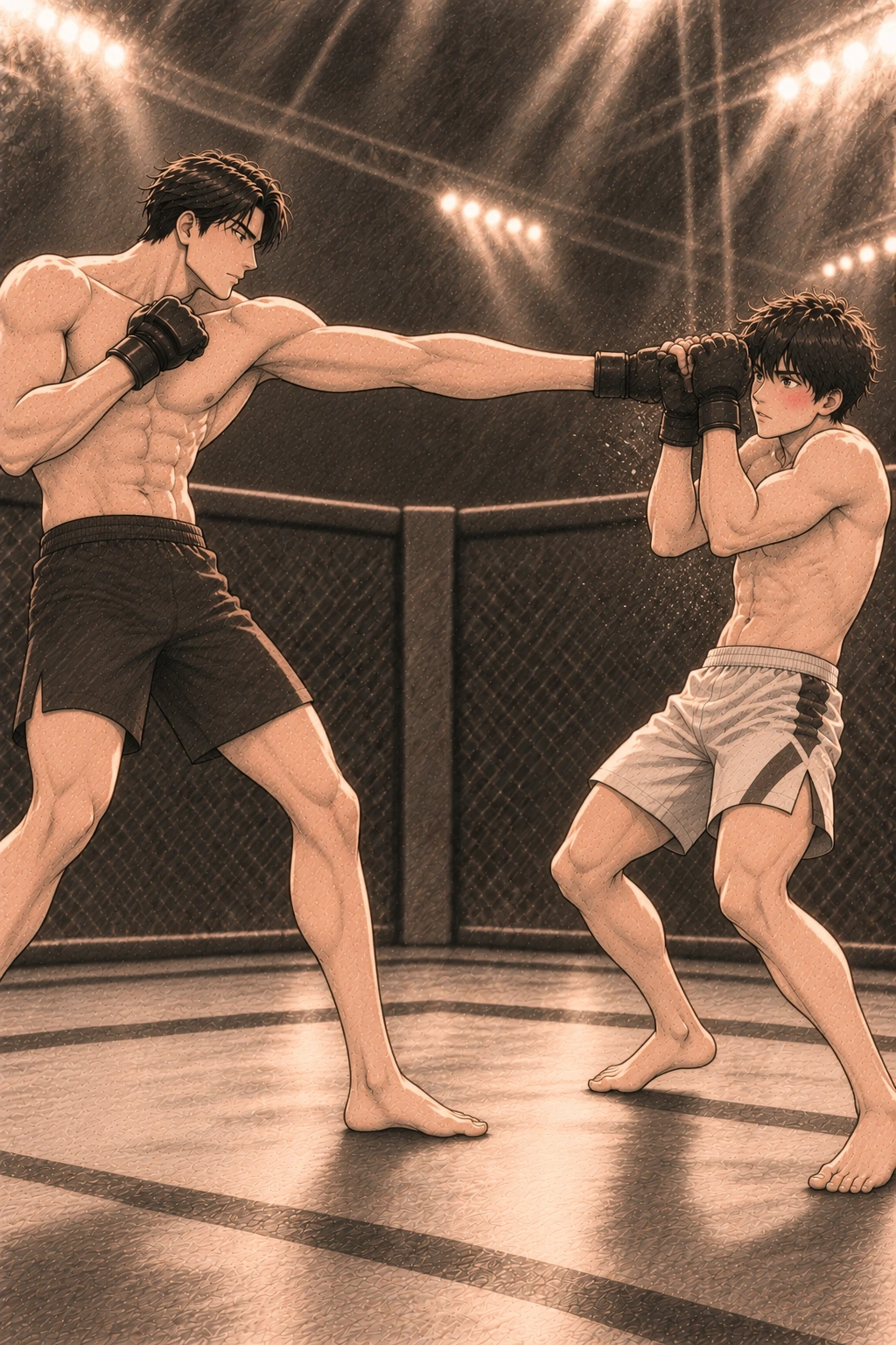 류젠의 긴 오른손이 도윤의 가드에 닿는다.