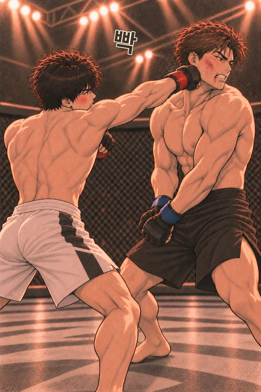 류젠이 아래를 막고 도윤의 왼훅이 위에 닿는다. 빡.